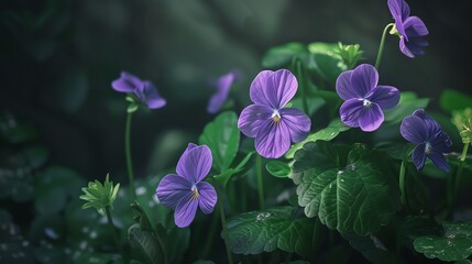 Woodland violets, dark forest green background, outdoor adventure magazine cover, natural side lighting, frontal perspective