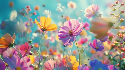 Array of multicolored cosmos, cheerful turquoise background, spring festival magazine cover, brilliant natural light, full page display