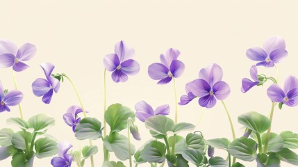 Array of wild violets, serene cream background, springtime in the wild magazine cover, gentle natural light, full page display
