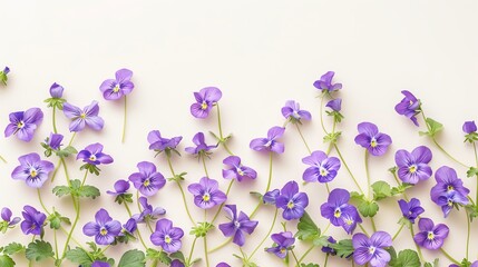 Array of wild violets, serene cream background, springtime in the wild magazine cover, gentle natural light, full page display