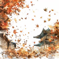 A beautiful watercolor painting of a traditional Korean hanok village in the fall. The leaves are a vibrant orange and red, and they are falling from the trees in the gentle breeze