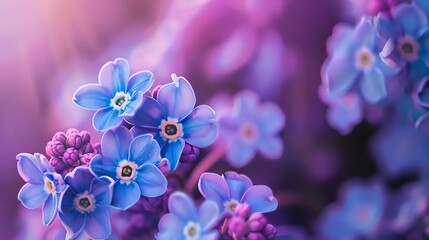 Cluster of forgetmenots, vibrant lavender background, botanical magazine cover, bright natural daylight, slightly offcenter