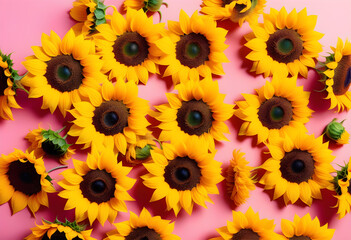 Obraz premium yellow sunflowers arranged on a pink background with copy space