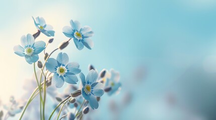 Delicate forgetmenots, soft sky blue background, nature photography magazine cover, gentle morning light, central focus