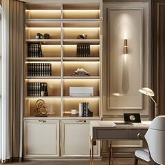 study room with bookcase module storage methods, light luxury style
