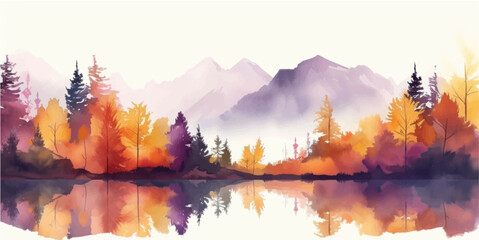 Watercolor Autumn forest landscape background. Beautiful watercolor nature landscape with mountains and forest.Watercolor Autumn illustration design elements for landscape background and wallpaper.