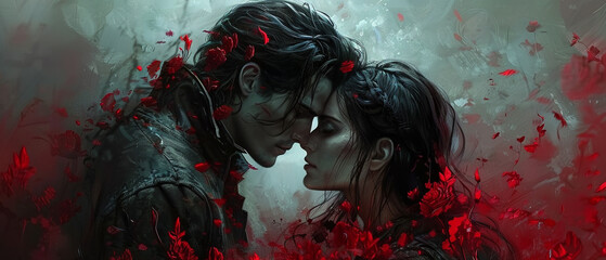 A gothic romance novel featuring a forbidden love affair between a vampire and a mortal, with mysterious symbols shimmering in the air around them as they navigate their doomed relationship