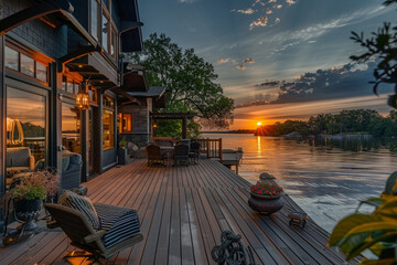 A waterfront Craftsman bungalow with a spacious deck, panoramic windows, and a private dock, offering unobstructed views of the sunset over the water.