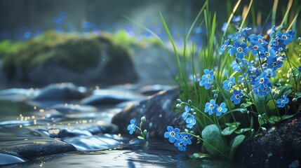 Forgetmenots by a stream, rich navy background, outdoor lifestyle magazine cover, natural side lighting, frontal perspective