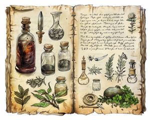 Design a potion recipe page for a spell book with detailed ingredient illustrations and handwritten text