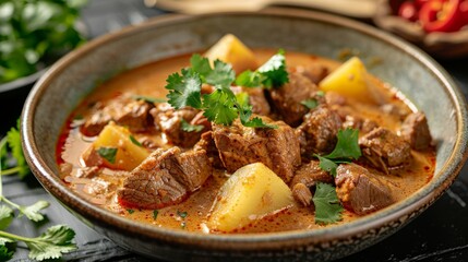 Close-up of beef Massaman curry with potatoes and sprinkled cilantro in a rustic bowl