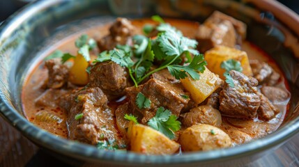 Massaman beef curry with potatoes and carrots topped with cilantro in a traditional bowl