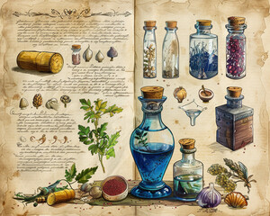 Design a potion recipe page for a spell book with detailed ingredient illustrations and handwritten text