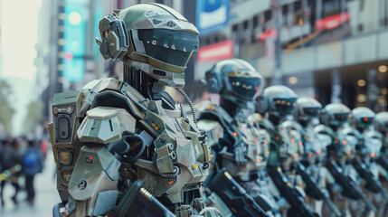 Humanoid security military police robot in city