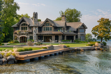 A waterfront Craftsman estate with private docks, expansive terraces, and a blend of rustic and refined elements, offering luxury living by the lake.