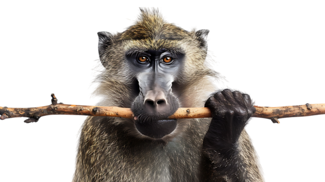 baboon with stick in his mouth isolated on transparent background