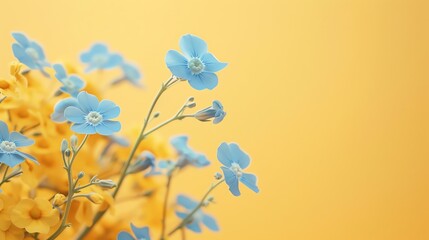 Single forgetmenot, pastel yellow backdrop, spring gardening magazine cover, subtle ambient light, closeup view