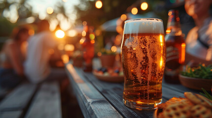 Refreshing craft beer glass against a blurred background of a friend group having fun with snacks outdoors at sunset.