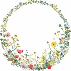 Obraz premium circular frame, colorful forest flower theme, a few small flowers, white background, white center