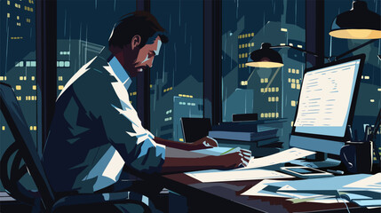 Young businessman working with documents in office at night - obrazy, fototapety, plakaty