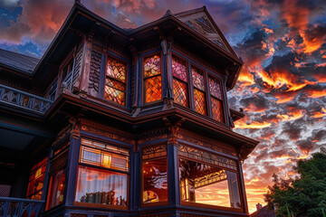 An antique craftsman house at sunset, with original leaded glass windows reflecting the fiery sky and hand-carved wooden details standing out against the fading light.