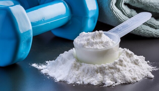 Macro view of creatine powder sports food supplement. Dumbbell and towel in the composition.
