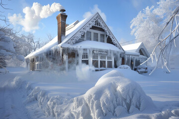 An antique craftsman house enveloped in a thick layer of snow, with smoke curling up from its chimney and icicles adorning the eaves, creating a picture of winter wonder.