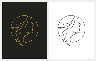 Woman Hair Beauty Salon Line Art Gold logo design vector icon