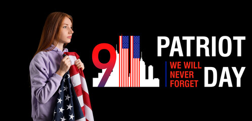 Banner for Patriot Day with young woman and USA flag