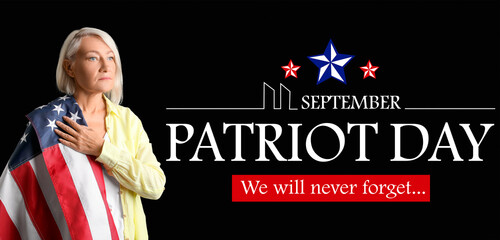 Banner for Patriot Day with mature woman and USA flag
