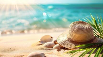 A straw hat and seashells arranged on sandy beach, with sparkling ocean and sun rays in background.