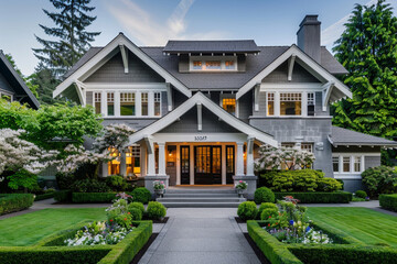 An elegant Craftsman home with sophisticated gray and white exteriors, symmetrical design, and beautifully manicured gardens, set in a prestigious urban neighborhood.