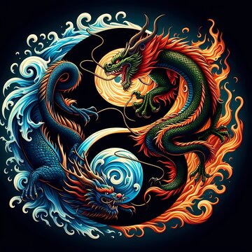 AI Generate A Fire Dragon and Water Dragon flying in circle create a yin yang pattern