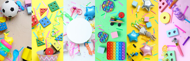 Collage of banner for Children's Day and toys on color background