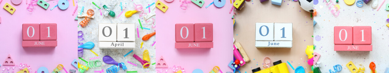 Collage of calendars with date of Children's Day on color background