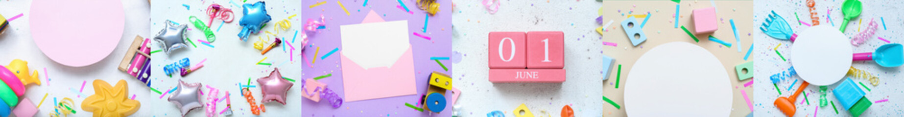 Collage of banners for Children's Day and calendar on color background