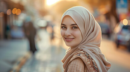 Successful middle eastern businesswoman standing in big city modern skyscrapers dreaming on new opportunities