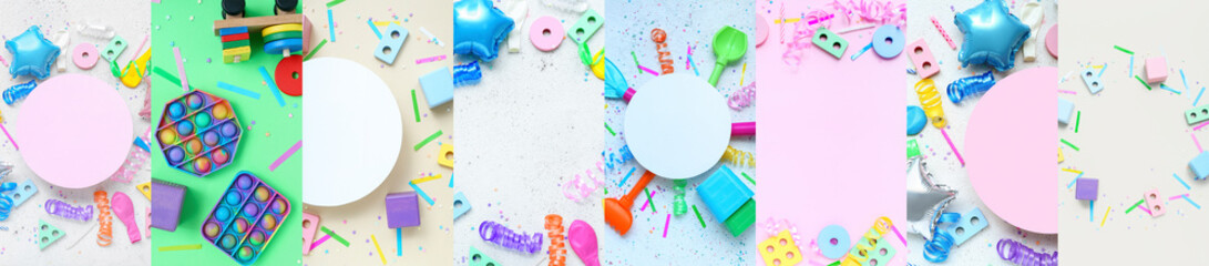 Collage of banners for Children's Day and toys on color background