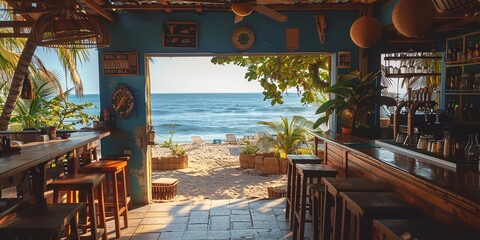 With a thatched roof and bar counter, this lovely and vacant outdoor summer beach tavern is based over the seashore adorned with things and space, Generative AI.