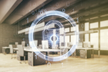 Virtual creative lock sketch with chip hologram on a modern furnished office interior background,...