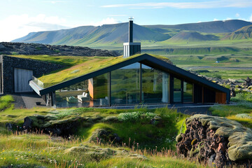 An Icelandic eco-home, designed for extreme weather, with geothermal heating, green roofs, and walls of volcanic rock.