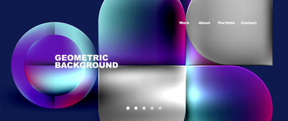 A geometric background with circles and squares in shades of electric blue, purple, magenta, and violet on a dark blue backdrop, creating a dynamic atmosphere