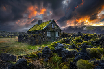 An Icelandic cottage with moss-covered lava stone walls, blending into the rugged volcanic landscape under a dramatic sky.