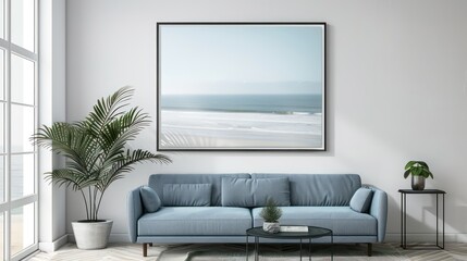 modern frame hanging on a wall, in a well lit coastal living room, frame is empty mock up