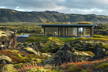 An Icelandic eco-home, designed for extreme weather, with geothermal heating, green roofs, and walls of volcanic rock.