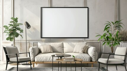 modern frame hanging on a wall, in a well lit coastal living room, frame is empty mock up
