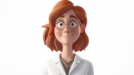 Portrait of a 3D animated female scientist character with round glasses and a warm smile, wearing a white lab coat on a light background.