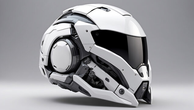 A futuristic cybernetic helmet on a white background with a gray background, modern stylized intricate high tech helmet