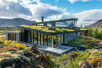 An Icelandic eco-home, designed for extreme weather, with geothermal heating, green roofs, and walls of volcanic rock.