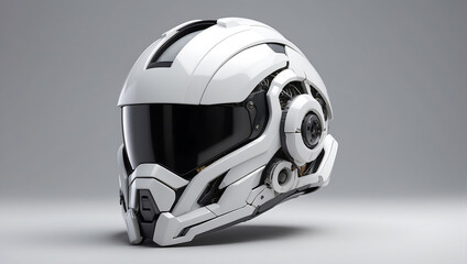 A futuristic cybernetic helmet on a white background with a gray background, modern stylized intricate high tech helmet